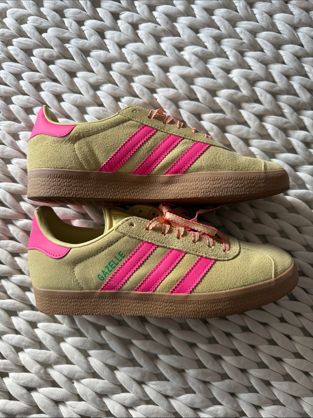 adidas Women’s Yellow Suede Sneakers with Pink Stripes